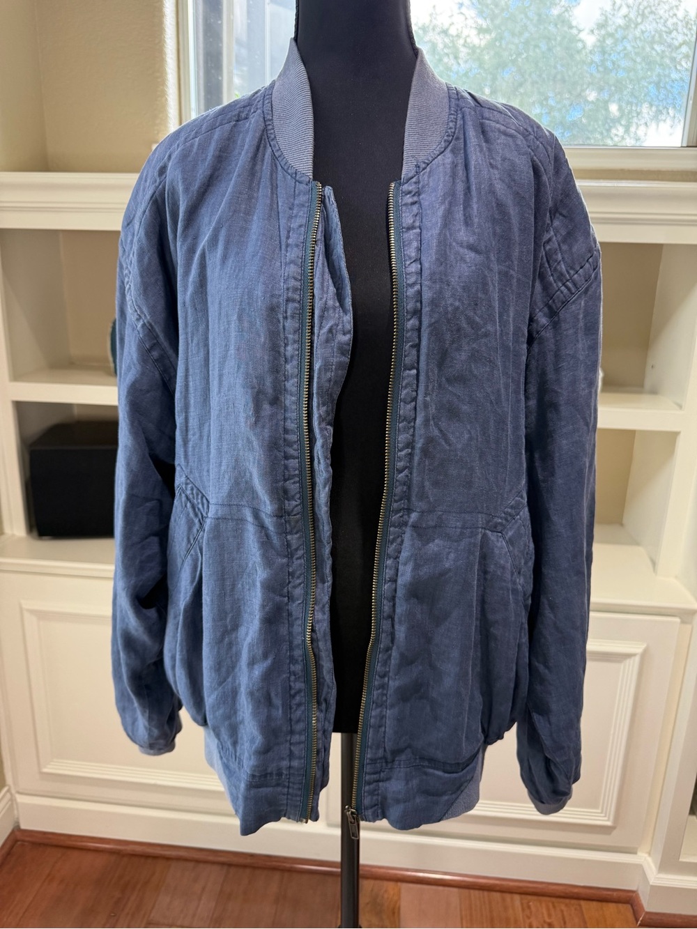 Men's Linen Bomber S/M Jacket - Goouch- Blue Lined Zip Front Jacket Layer